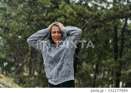 Beautiful Woman Enjoying Rainy Day After Intense Run Beautiful Woman Enjoying Rainy Day After Intense Run 132277684