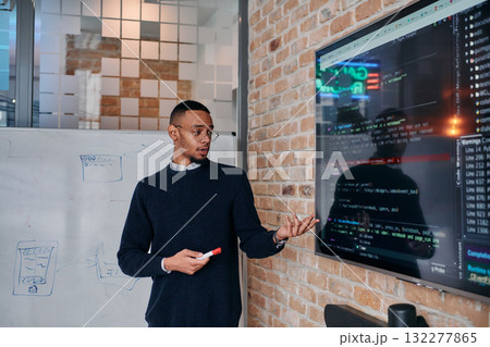 African American businessman delivers a compelling presentation of his business strategy to his colleagues, fostering collaboration and forward thinking 132277865
