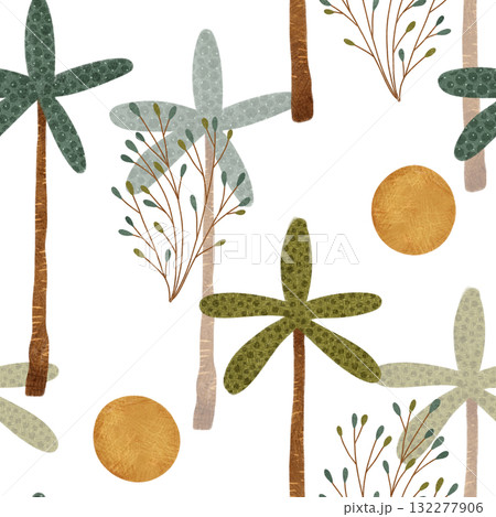 Tropical Leaves and Sun Pattern A Beautiful Botanical Illustration Design 132277906