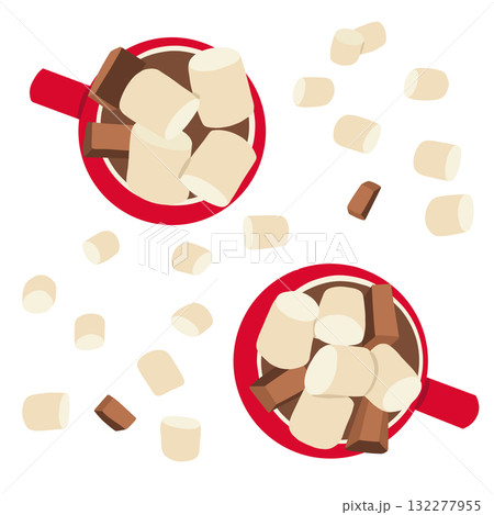Two red mugs of hot cocoa with marshmallows and chocolate isolated on white background, top view. Christmas season drink doodle illustration 132277955