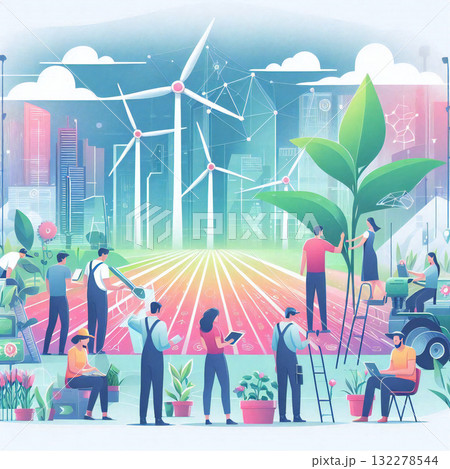 地方創生や地域づくりの協働を描いたイラスト/スマート農業/地方創生を副題に作成 132278544