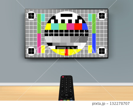 Remote control is pointed at the no signal TV on the wall. Remote control is pointed at the no signal TV on the wall. 132278707