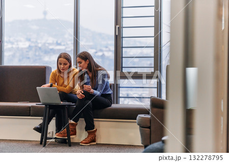 Business Colleagues Reviewing Work on Laptop During Break Business Colleagues Reviewing Work on Laptop During Break 132278795