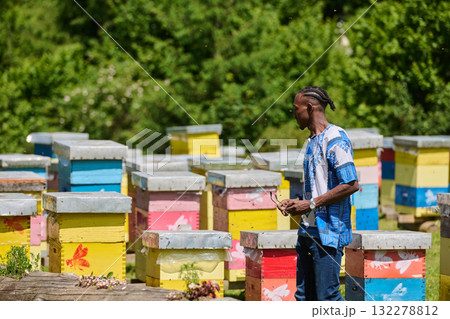 African American Teenager Exploring Small Beekeeping Businesses in Traditional Sudanese Attire amidst Nature 132278812