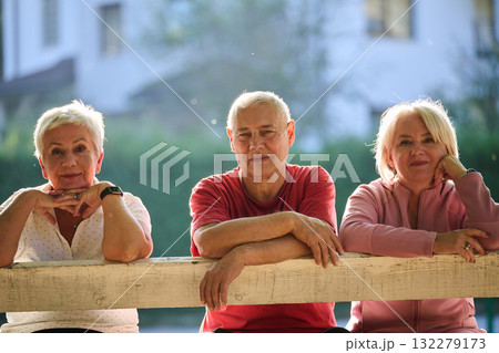 A group of elderly individuals, including a senior man and two older women, sits in a park on a sunny autumn day, embodying the concept of healthy aging through companionship, relaxation, and outdoor A group of elderly individuals, including a senior man and two older women, sits in a park on a sunny autumn day, embodying the concept of healthy aging through companionship, relaxation, and outdoor 132279173