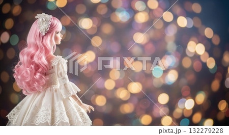 Magical photo. A doll in a white dress with pink hair stands with her back against a magical bokeh background 132279228