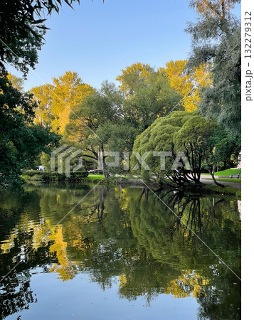 Pond surrounded by greenery in a city park. Reflection of trees and in still water surface. Autumn sunny day. 132279312