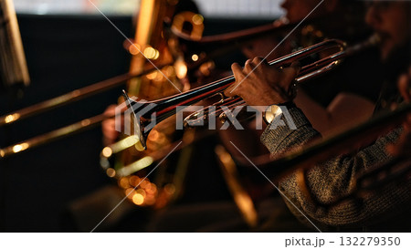 Trumpet player performing in jazz orchestra 132279350