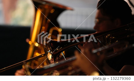 Trombone player performing in jazz band 132279360