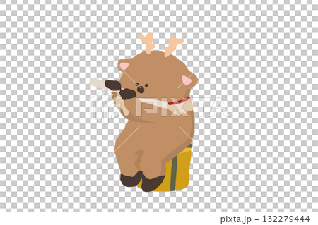 馴鹿銅管樂隊，一隻馴鹿吹笛子的可愛聖誕插圖（冬天，音樂） 132279444