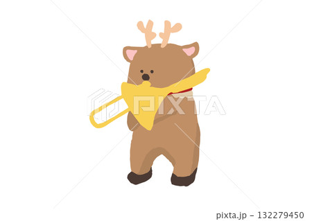 トナカイの吹奏楽団、トナカイがトロンボーンを演奏するかわいいクリスマスイラスト（冬・音楽） 132279450