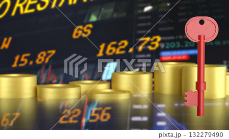 The Red Key and gold coins for Business concept 3d Rendering. 132279490