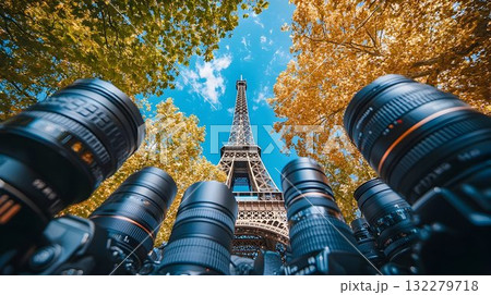 Eiffel Tower Framed by Camera Lenses and Autumnal Trees Under a Eiffel Tower Framed by Camera Lenses and Autumnal Trees Under a 132279718