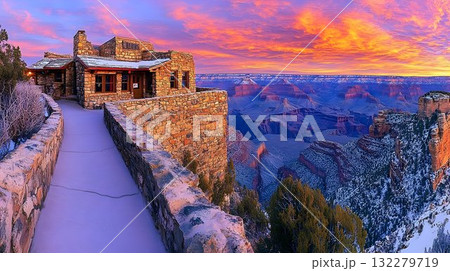 Grand Canyon Sunrise Vista with Snow-Covered Lookout Grand Canyon Sunrise Vista with Snow-Covered Lookout 132279719