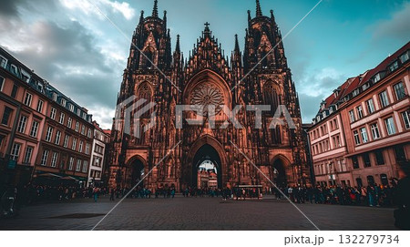 Cologne Cathedral Majestically Framed by Cityscape and Crowds 132279734