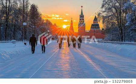 Snowy city path sunrise walk majestic architecture winter scene Snowy city path sunrise walk majestic architecture winter scene 132279803