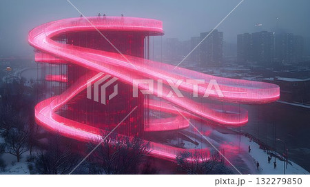 Illuminated Spiral Pathway Towering Over Snowy Cityscape 132279850