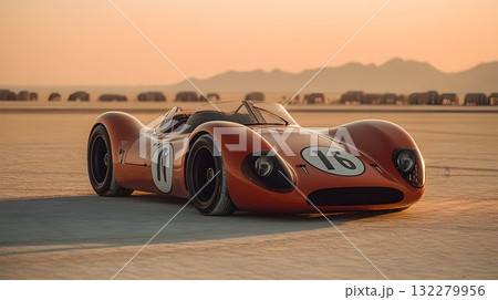 Classic Orange Race Car on a Desert Plain at Sunset, Number Sixt 132279956