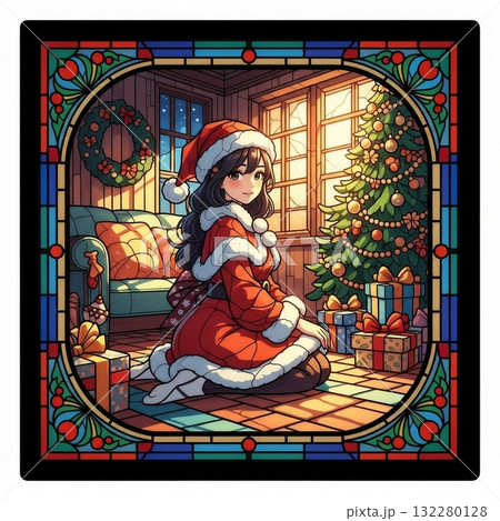 クリスマスにサンタの衣装を着た女の子のステンドグラス クリスマスにサンタの衣装を着た女の子のステンドグラス 132280128