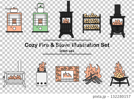 圖庫插圖: 可愛的圖標套壁爐和火爐 132280157