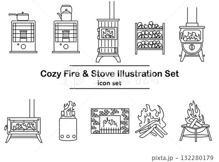 イラスト素材: 暖炉とストーブの線画アイコンセット 132280179