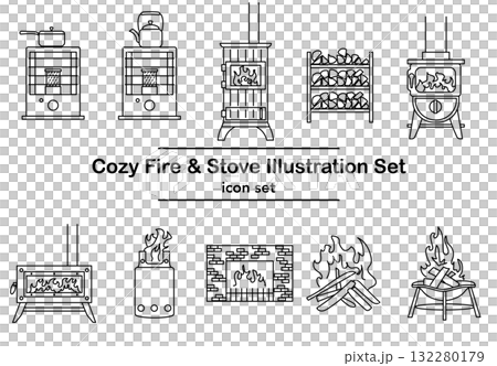 イラスト素材: 暖炉とストーブの線画アイコンセット 132280179
