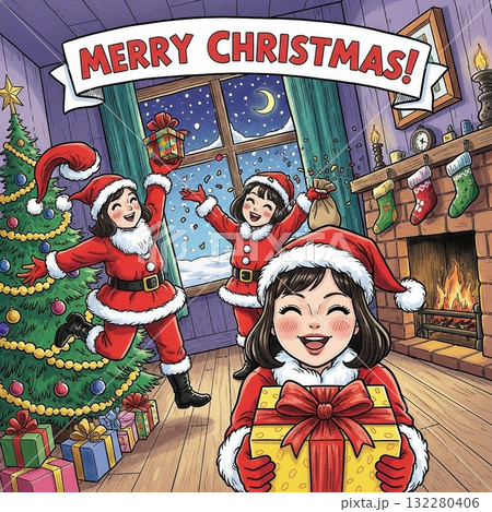 クリスマスを楽しむサンタの衣装を着た女の子たち 132280406