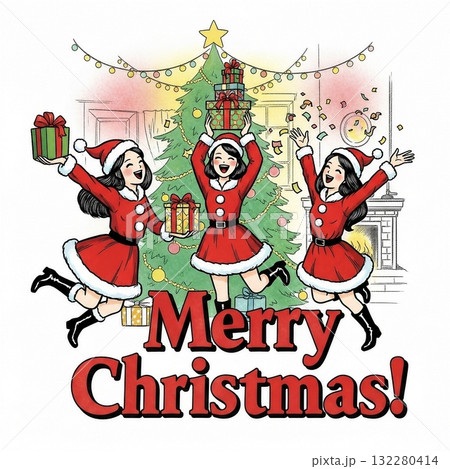 クリスマスを楽しむサンタの衣装を着た女の子たち クリスマスを楽しむサンタの衣装を着た女の子たち 132280414