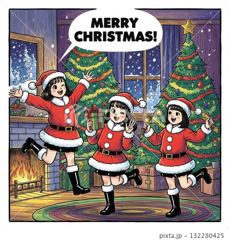 クリスマスを楽しむサンタの衣装を着た女の子たち クリスマスを楽しむサンタの衣装を着た女の子たち 132280425