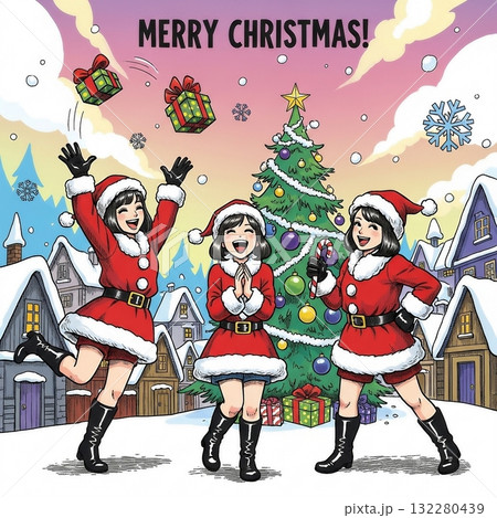 クリスマスを楽しむサンタの衣装を着た女の子たち クリスマスを楽しむサンタの衣装を着た女の子たち 132280439