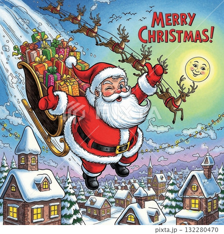 クリスマスにサンタクロースがプレゼントを運んでいる 132280470