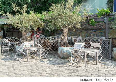 Charming Outdoor Dining Area With Rustic Furniture and Greenery 132280517