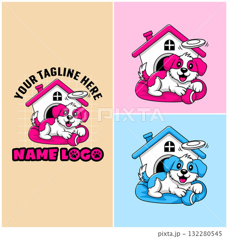 A modern professional dog care logo design. Cheerful dog house logo vector. Dog boarding logo template 132280545