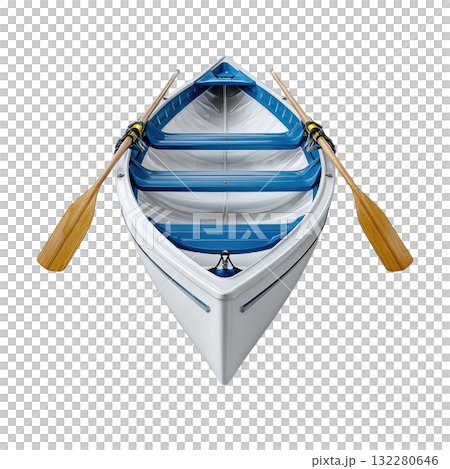 Top View of a Rowing Boat with Blue and White Interior and Two Wooden Oars Ready for Water Activity Top View of a Rowing Boat with Blue and White Interior and Two Wooden Oars Ready for Water Activity 132280646