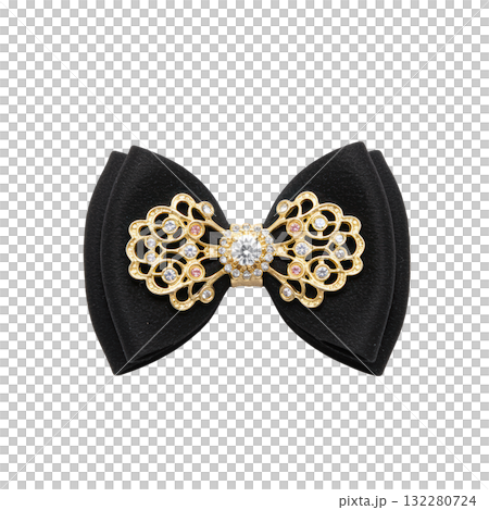 Elegant black hair bow accessory with gold jewelry ornament. luxurious and classic item for fancy hairstyle Elegant black hair bow accessory with gold jewelry ornament. luxurious and classic item for fancy hairstyle 132280724