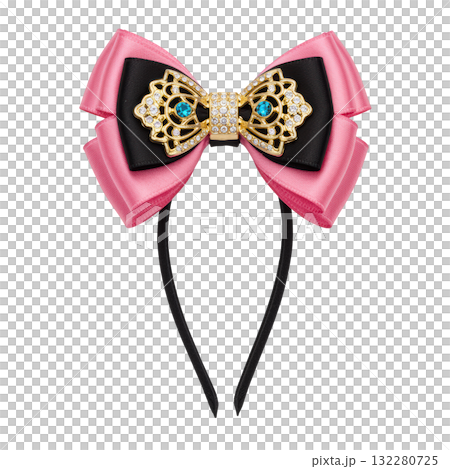 Elegant pink hair bow on black headband with luxurious gold ornament. Charming fashion accessory with blue jewelry Elegant pink hair bow on black headband with luxurious gold ornament. Charming fashion accessory with blue jewelry 132280725