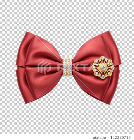 Elegant red satin hair bow with gold diamond ornament. Luxurious fashion accessory for formal celebration Elegant red satin hair bow with gold diamond ornament. Luxurious fashion accessory for formal celebration 132280739