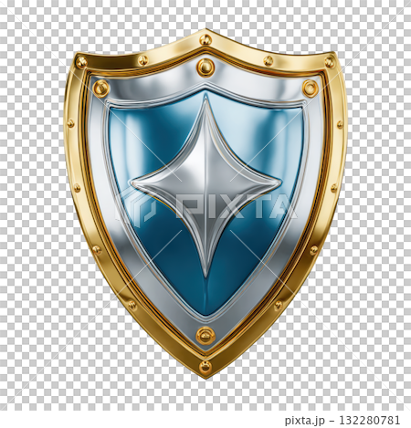 Realistic golden shield with blue front and silver star symbol. An icon for security, defense, and medieval battle Realistic golden shield with blue front and silver star symbol. An icon for security, defense, and medieval battle 132280781