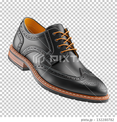 Elegant black leather brogue shoe for confident formal style. classic footwear design with orange detail Elegant black leather brogue shoe for confident formal style. classic footwear design with orange detail 132280782