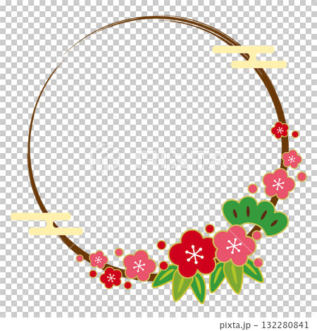 Japanese-style frame of pine, bamboo, plum and brush stroke circle Japanese-style frame of pine, bamboo, plum and brush stroke circle 132280841