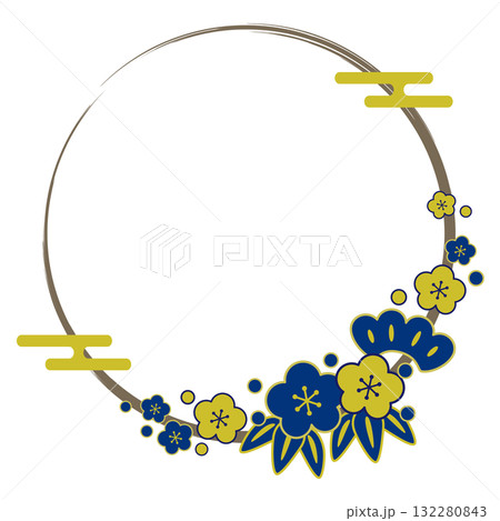 松竹梅と筆タッチサークルの和風フレーム/青・金 132280843