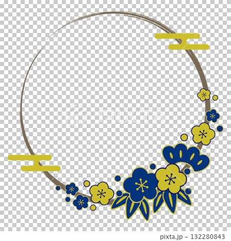 松竹梅と筆タッチサークルの和風フレーム/青・金 132280843