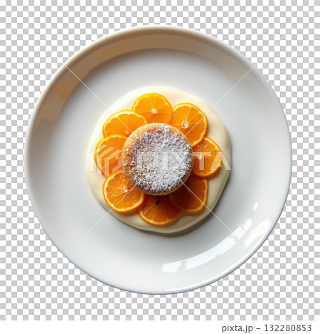 Delightful almond and orange blossom financier. nutty cake with powdered sugar on cream and fresh orange segments Delightful almond and orange blossom financier. nutty cake with powdered sugar on cream and fresh orange segments 132280853