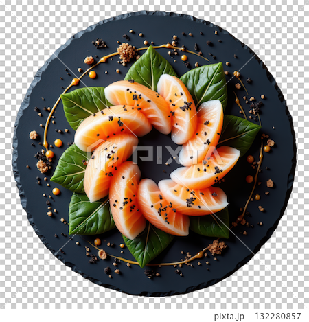 Elegant gourmet Japanese sashimi appetizer. Fresh salmon food arranged in beautiful spiral plating on dark slate Elegant gourmet Japanese sashimi appetizer. Fresh salmon food arranged in beautiful spiral plating on dark slate 132280857