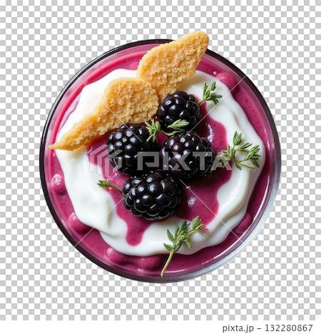 Delicious gourmet blackberry and thyme fool dessert with fresh cream, delicious sweet treat from top view Delicious gourmet blackberry and thyme fool dessert with fresh cream, delicious sweet treat from top view 132280867