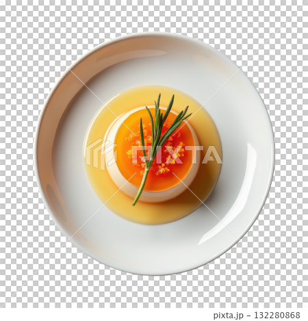 Elegant blood orange gelee dessert, citrus jelly over vanilla cream with herb garnish. gourmet and refreshing food Elegant blood orange gelee dessert, citrus jelly over vanilla cream with herb garnish. gourmet and refreshing food 132280868