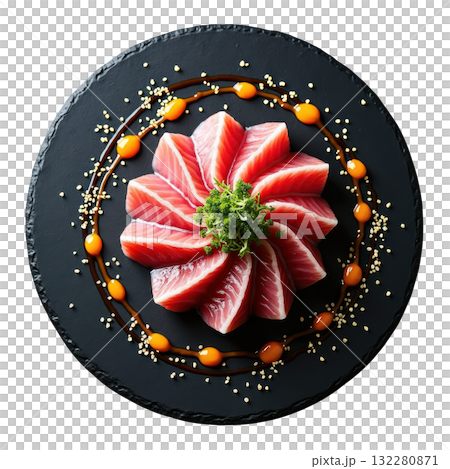 Elegant tuna tataki, gourmet Japanese food appetizer. Fresh seafood sashimi dish, appetizing and delicious Elegant tuna tataki, gourmet Japanese food appetizer. Fresh seafood sashimi dish, appetizing and delicious 132280871