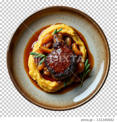 Warm braised pork shoulder with cider glaze over smoked potato puree. comforting gourmet meal with glazed apple 132280882