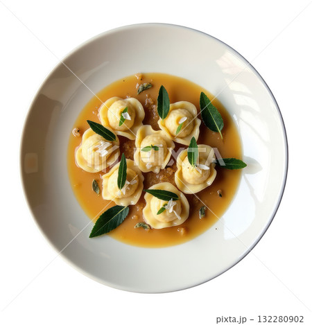 Gourmet handmade chestnut agnolotti pasta in delicious sage butter sauce. An appetizing traditional meal 132280902