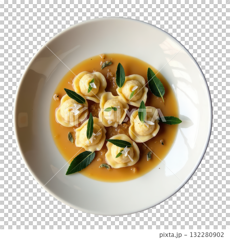 Gourmet handmade chestnut agnolotti pasta in delicious sage butter sauce. An appetizing traditional meal 132280902